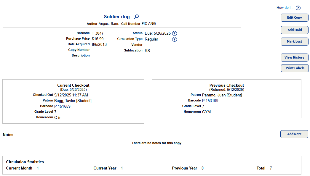 Copy Status page, showing a copy that is currently checked out and overdue.